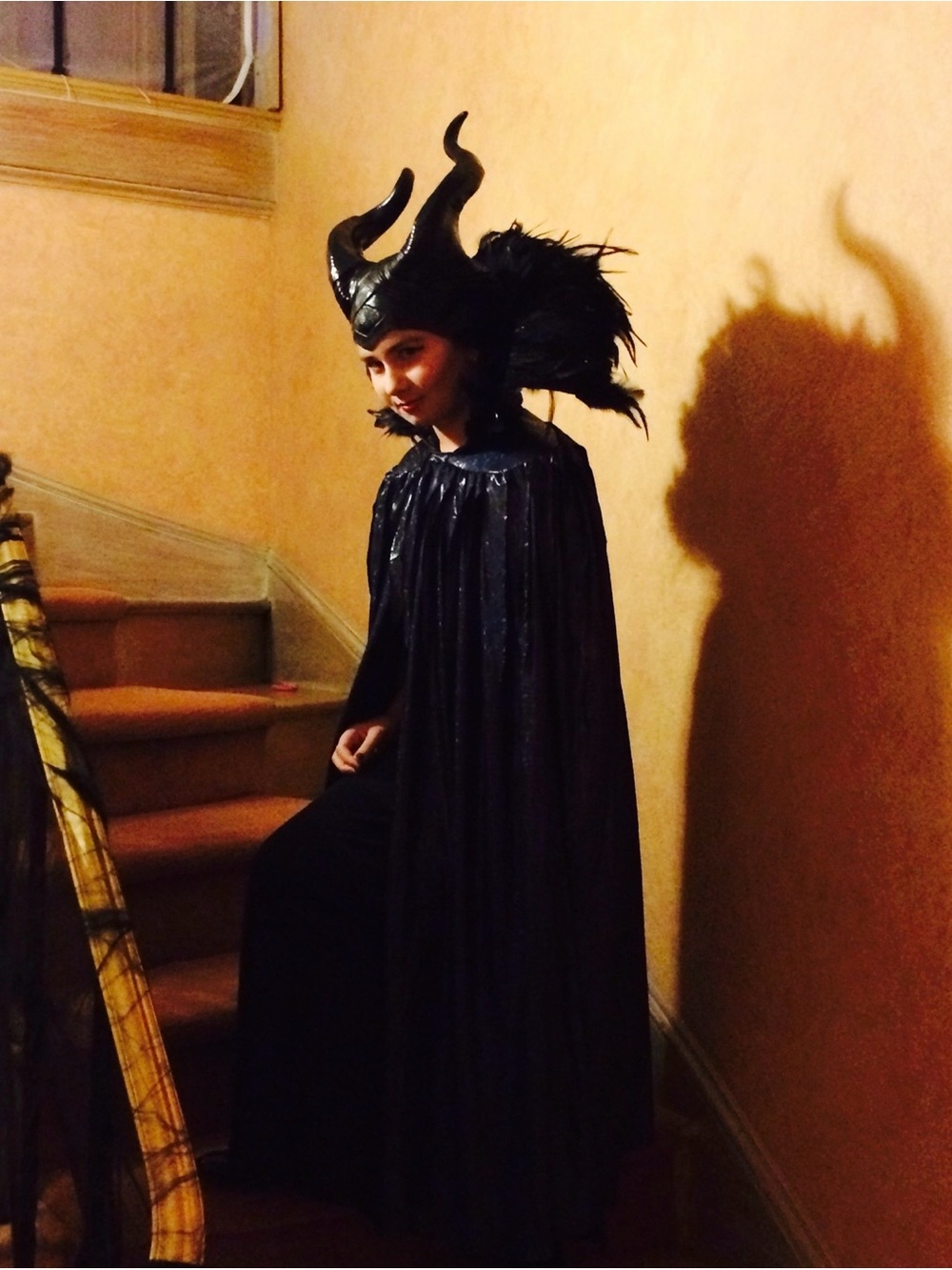 Kids Black Maleficent-Style Costume Cape with Horned Headpiece and staff